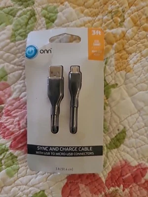 Onn Charger 3 ft Sync and Charge Cable With USB to MICRO USB Black New - Image 1 of 2