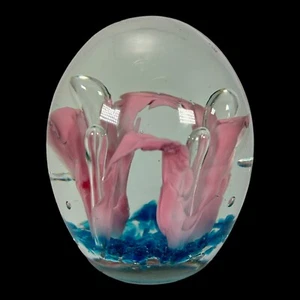 Hand Blown Paperweight Pink Iris Flowers 4" Tall x 3.5" Tall - Picture 1 of 8