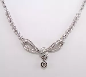 14K White Gold Baguette & Round Cut Diamond Ribbon Dangle Necklace 18" LNG2 - Picture 1 of 6