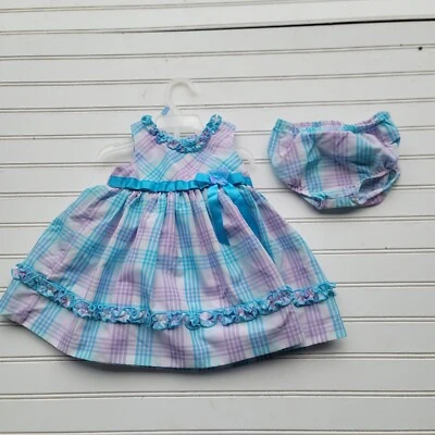 2PC BONNIE BABY WHITE TEAL LILA EMPIRE WAIST DRESS BUTTONS TIES BACK 6-9 Mos - Image 1 of 4