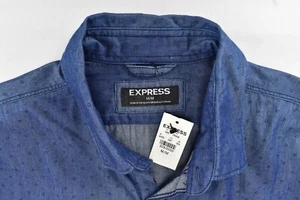 Express Snap Button Down Blue Long Sleeve Polka Dot Shirt Mens Medium NWT - Picture 1 of 11