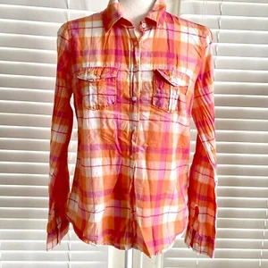 Aeropostale Kids Girls Large Orange Pink Plaid Cowgirl Button Up Top Blouse - Picture 1 of 12