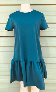 ZARA GREEN MINI DRESS SHORT SLEEVE RUFFLED HEM ROUND NECK SIZE S #1370 - Picture 1 of 7