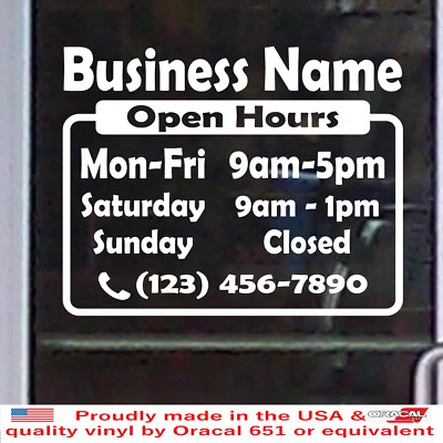 Custom Store Shop Name BUSINESS OPEN HOURS Vinyl Window Decal Sign Door BS026A - Image 1 of 4