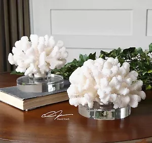 TWO COASTAL BEACH DECOR FAUX HARD CORAL SCULPTURE TABLE TOP DECOR CRYSTAL BASE - Picture 1 of 1