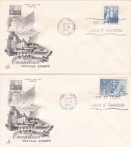 2 1956 Canada First Day Covers 5-Cent Blue Hockey, Mountain Goat ArtCraft Cachet Cover