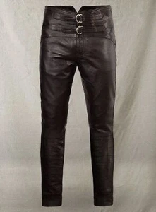 Men's HANDMADE Cowboy Jim Morrison Black Genuine Sheepskin Leather Pants Trouser - Picture 1 of 5