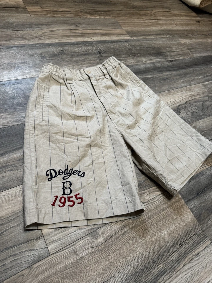 罕见复古 90 年代 Mirage First Swing 布鲁克林道奇队细条纹短裤 — 第 1/4 张图片