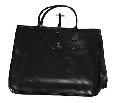 Vintage Longchamp ROSEAU Tote Handbag CowhideLeather Black Signature Clasp Japan - Image 1 of 4