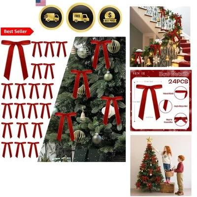 Christmas Velvet Bows 24 Pack - Holiday Gift Whip Garland Wreath Decor - Image 1 of 4