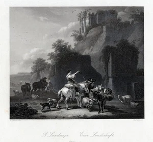 Eine Landschaft. Originaler Stahlstich n. Berghem um 1870 - Picture 1 of 2