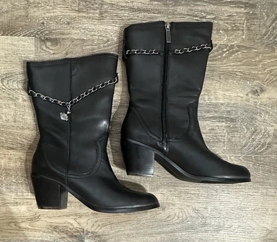 Harley Davidson Boots Women 9.5 Black Leather Mid Calf Side Zip Chain Link Jenna - Image 1 of 4