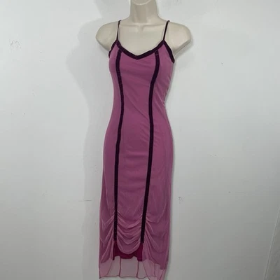 Vintage Betsey Johnson Pink And Burgundy Mesh Ruched Dress Midi With velvet S - Image 1 of 4