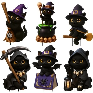 Halloween Gartendeko Set 6 schwarze Katzen wetterfest mit Hexenhut Besen Zaub... - Bild 1 von 9
