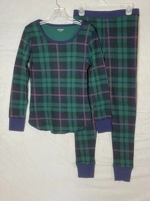 Antiguo conjunto de pijama azul marino para niñas M verde azul tartán a cuadros tejido gofre dos piezas Foto 1 de 4