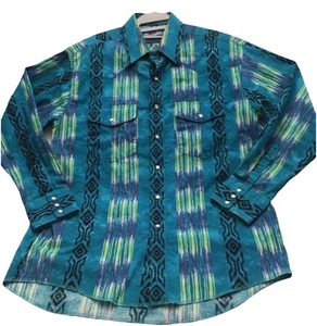VTG Wrangler Pearl Snap L Men Brushpopper Western Shirt Cowboy Aztec Turquoise - Picture 1 of 24