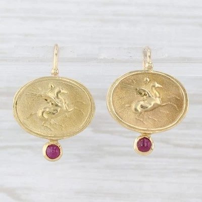 Pegasus Ruby Earrings 18k Yellow Gold Lever Back Drops Winged Horse - Image 1 of 4