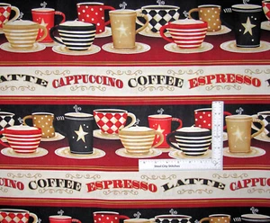 Coffee Kitchen Fabric Cup Saucer Stripe Coffee Always Cotton Wilmington By Yard - Picture 1 of 2