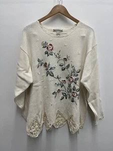 Vintage Seventh Avenue White Floral Knitted Pullover Sweater Size 2X Crochet - Picture 1 of 5