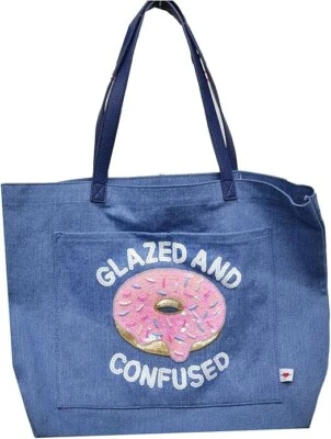 Bolso de Mano Denim Extra Grande Esmaltado y Confundido Diseño Donut Lentejuelas Azul Foto 1 de 3