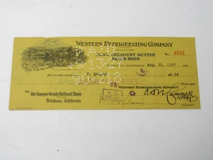 1927 Graphic Bank Check Western Refrigerating Co. Petaluma CA Dairy Farm Eggs EX - Picture 1 of 2