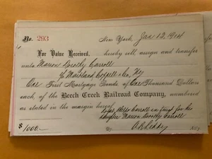 1914 Beech Creek RR Railroad Stock Transfer Document PA Jersey Shore to Mahaffey - Picture 1 of 1
