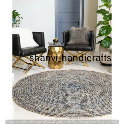 Handmade Home Living Round Braided Jute Denim Floor Area Rug Hand Woven Rag Rugs - Image 1 of 4