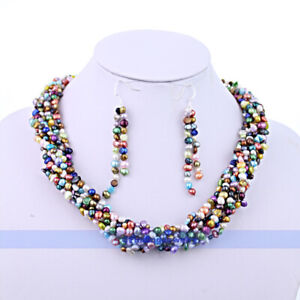 8 Strands Natural Multicolor Pearl Necklace & Earrings Set
