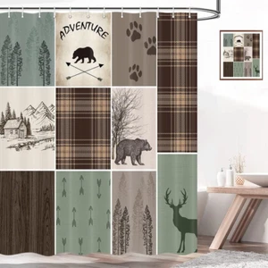 Cabin Retro Rustic Lodge Shower Curtain, Bear Deer Country Hunting Wild Animal F - Picture 1 of 12