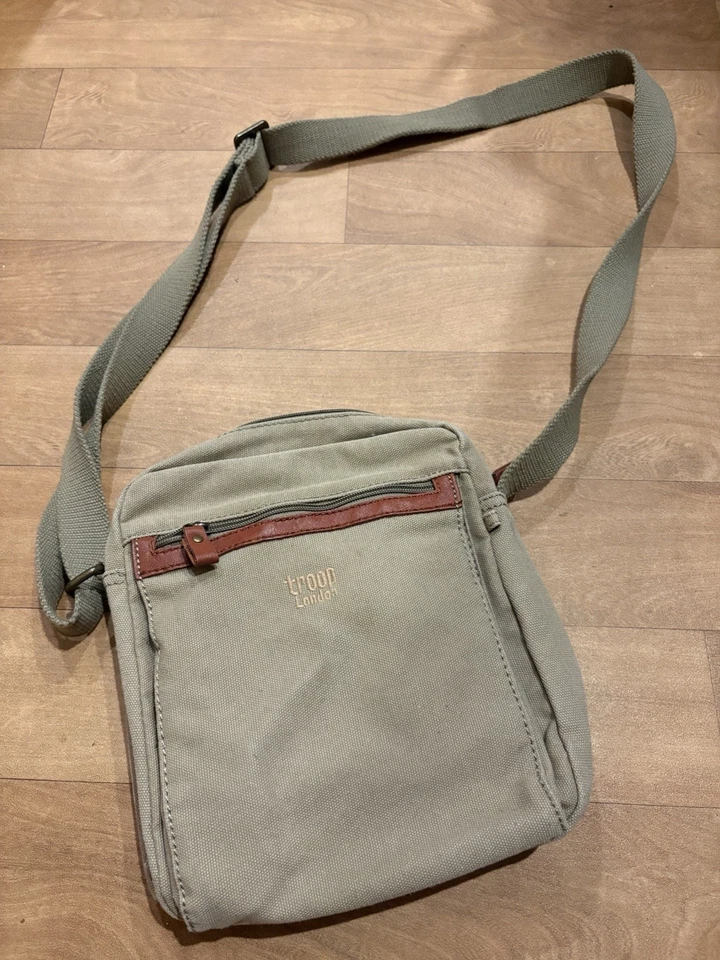 Troop London Canvas Crossbody Bag Light Khaki Leather Detail Unisex - Image 1 of 4