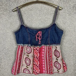 Vintage 90er/Y2K Boho Denim Babydoll rosa Top Paisley Träger fließend Barbiecore Lg/XL - Bild 1 von 7