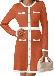 NEW Sweater Dress Career Color Block Button Knit Midi Dress Orange XL Fall Dress - Picture 1 of 7