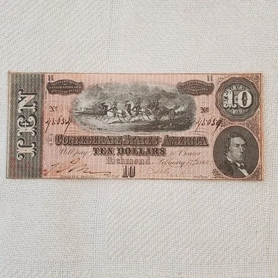1864 UNCIRCULATED CONFEDERATE STATES OF AMERICA TEN DOLLAR NOTE, SERIAL # 45654 - Image 1 of 4