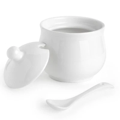 Ceramic Sugar Bowl with Lid and Spoon, Porcelain Salt Storage Jar, White Seasoni - Image 1 of 4