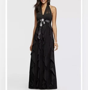 Betsy Adam Illusion Halter Ruffle Jersey Chiffon Dress M Navy Wedding Guest Gown - Picture 1 of 23