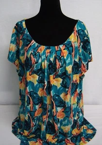 Worthington 2X Blouse Turquoise,Yellow, Orange Floral Print Poly Knit Cap Sleeve - Picture 1 of 8