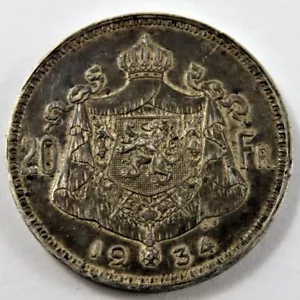 MONEDA DE PLATA BBÉLGICA 1934 20 FRANCOS (20 FRANCOS) .2405 OZ PLATA .680 - Imagen 1 de 4