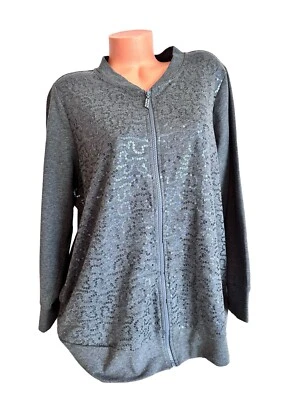 Quacker Factory Sequin Swirl Terry Bomber Jacket Gray Charcoal Full Zip 1X - Image 1 of 4