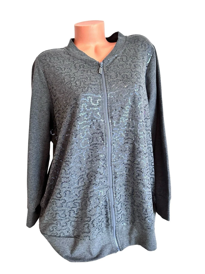 Quacker Factory Sequin Swirl Terry Bomber Jacket Gray Charcoal Full Zip 1X - Image 1 of 4