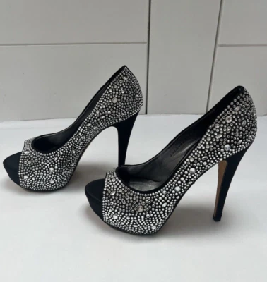 Gina London женщин размер 4,5 Peeptoe платформе каблуки черный серебряный кристалл Swarovski - Изображение 1 из 4