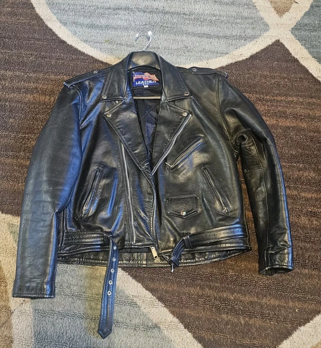 Vtg USA Patriotic Motorcycle Leather Jacket Men 46 American Flag