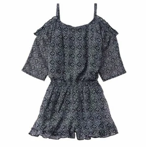 $95 Ella Moss Kid's Girl's Blue Printed Ruffle Slit Cold-Shoulder Romper Size 10 - Picture 1 of 1