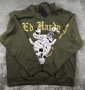 ED HARDY Sudadera con Capucha Para Hombres XL Verde Oliva Pullover Forrado de Vellón Bolsillo Canguro - Imagen 1 de 12