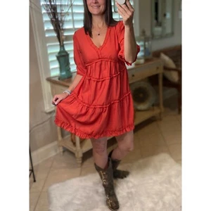 Boho Tiered Ruffle Trim V Neck Half Sleeve Western Peasant Babydoll Dress Rust - Picture 1 of 9