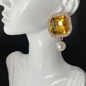 Yellow Rhinestone Earrings Pierced Square Faux Pearl Large Runway Topaz Glass - Picture 1 of 7