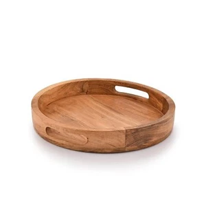 Round Serving Acacia Wooden Tray with Handles for Serving Beverages & Food on... - Picture 1 of 5