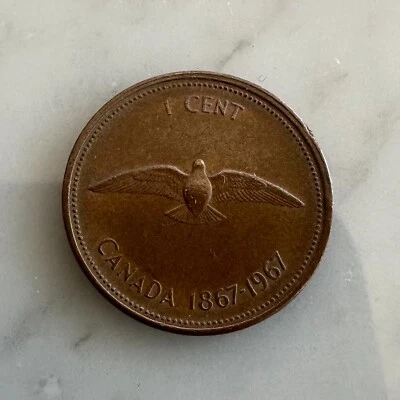 1867-1967 Canadian Memorial One Cent Piece, Queen Elizabeth II + Rock Dove, RARE - Image 1 of 4