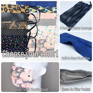 One Handmade Face Mask Various Colors w Wire Nose Piece Unisex w Pocket 2 Layers - Picture 1 of 12