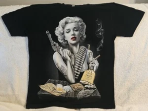MARILYN MONROE TEQUILA ALCOHOL TATTOO GUN BULLET SMOKING WANTED T-SHIRT SHIRT - Picture 1 of 2