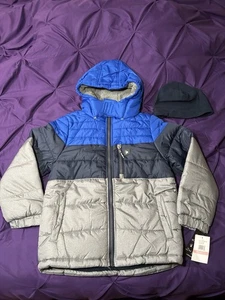 London Fog Winter Puffer Coat Boys Size: M 10-12 - Navy, Gray, & Blue w/ Beanie - Picture 1 of 8